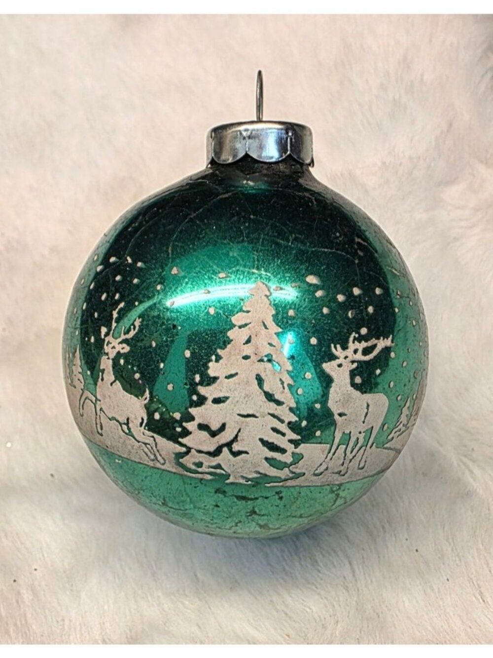 Vintage MCM Deer Stenciled Green Mercury Glass Christmas Ornament USA